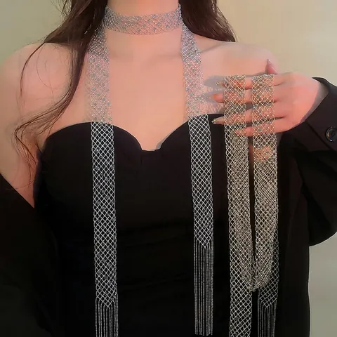 Collana Lunga In Rame A Maglia Perle Di Cristallo Blu Griglia Cava Nappina Catena Per Maglione Per Donna Gioielli Eleganti