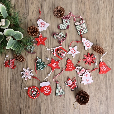Christmas Wooden Ornaments Natural Wood Painted Pendants Holiday Tree Hanging Decorations Nordic Style Traditional