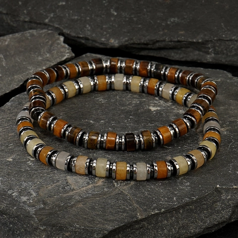 Natural Tiger Eye Stone Hematite Beaded Bracelet Handmade Bohemian Geometric Jewelry Vintage Style Gift For Men Women