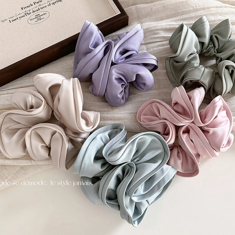 Large Satin Fabric Scrunchies Wood Ear Edge Elastic Hair Ties French Vintage Solid Color Ponytail Holder For Women