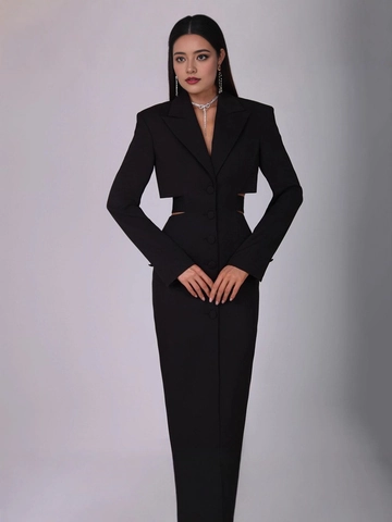 Vestido Midi Elegante Cuello Solapa Manga Larga Cintura Hueca De Una Sola Fila Bodycon Mezcla Poliéster Para Mujer Oficina