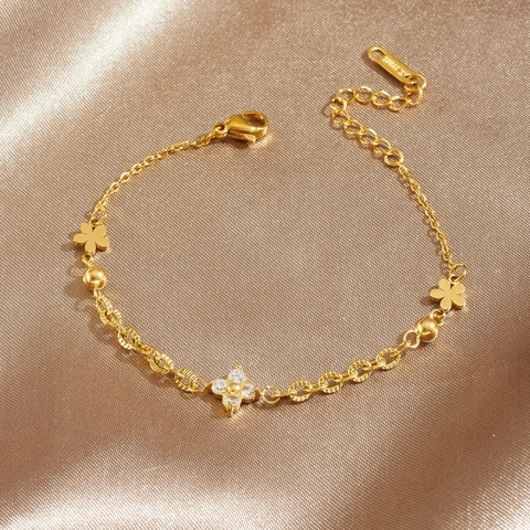 Bracciale Quadrifoglio In Acciaio Inossidabile Placcato Oro Con Zircone Gioiello Minimalista Elegante Per Donna