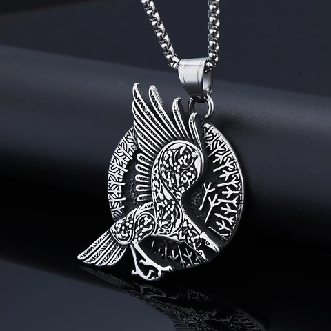 Viking Raaf Rune Hanger Ketting Noordse Kraai Totem Roestvrij Staal Antiek Zilver Punk Sieraden Voor Heren