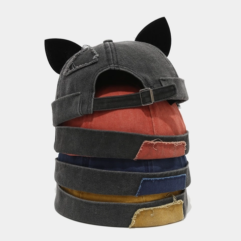 Cappello Docker Con Orecchie Di Gatto Denim Di Cotone Lavato Miki Cap Senza Tesa Regolabile Retro Hip Hop Hat