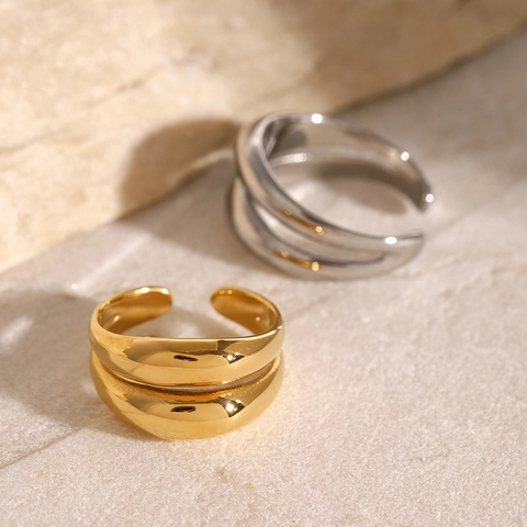 Anillo Abierto de Doble Capa de Acero Inoxidable Vintage para Mujer Chapado en Oro Plata Minimalista Ajustable