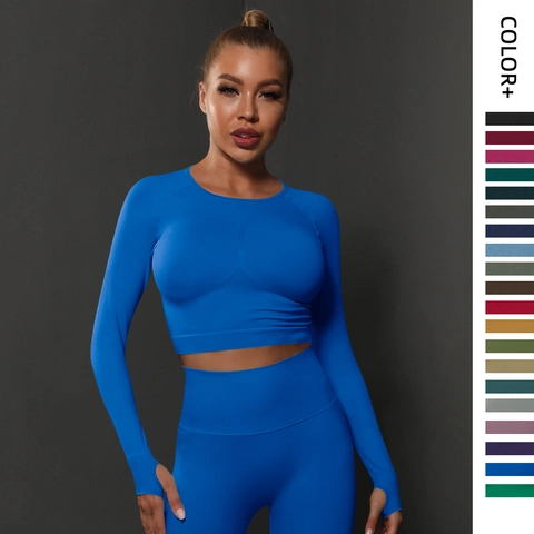 Nahtlose Yoga Sportbekleidung Damen Langarm Crop Top Mit Daumenlöchern Und Leggings Mit Hoher Taille Atmungsaktive Sportswear