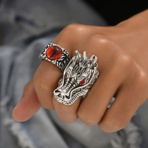 Vintage Dragon Head And Red Evil Eye Open Adjustable Rings Alloy Gothic Punk Hip Hop Jewelry For Men