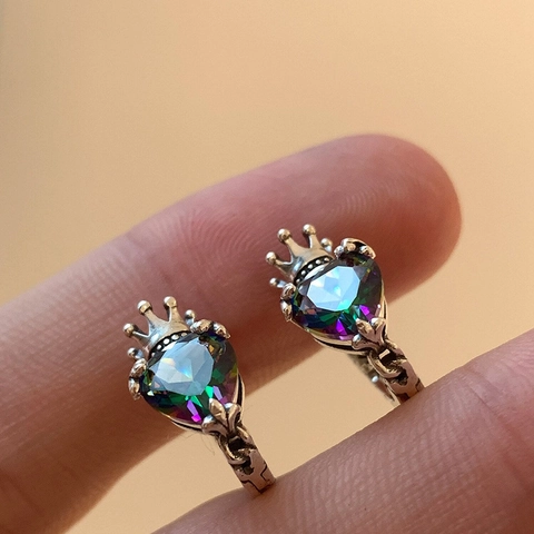 Vintage Crown Heart Zirconia Earring Hoops Luxurious Copper Rainbow Gemstone Earrings For Women Jewelry High End Accessory