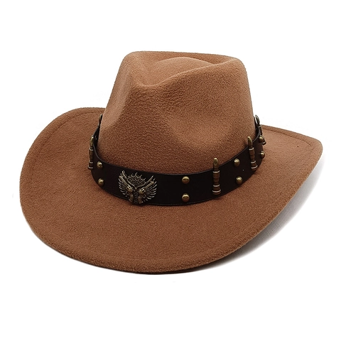 Cappello Da Cowboy Western Cotone Poliestere Feltro Tesa Larga Retrò Cinturino Pelle Distintivo Aquila Metallo Borchie