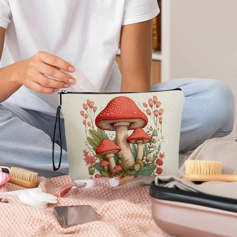 Borsa Da Trucco Con Stampa A Fungo Lino Fine Pochette Da Toletta Con Cerniera Cinturino Da Polso Organizzatore Da Viaggio Per Donne