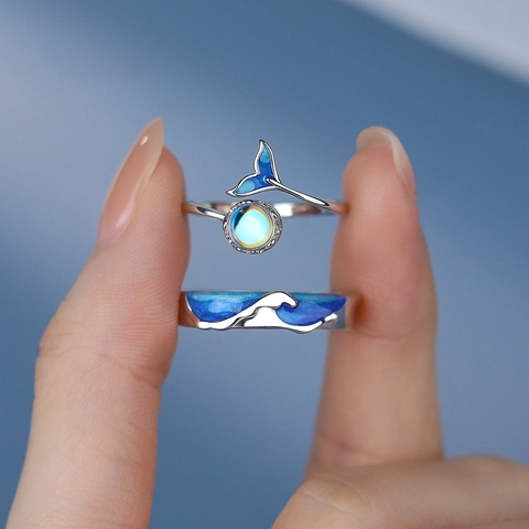 Walflosse Und Welle Paar Ringe 925 Sterlingsilber Mondstein Blau Emaille Verstellbar Nautischer Schmuck