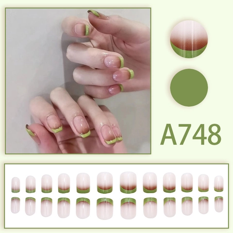 Französische Press On Nägel Gradient Quadratisch Rund Form Lindgrüne Linien Künstliche Nägel Mit Kleber Elegante Maniküre