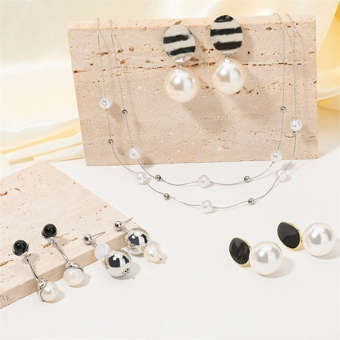 Titanium Steel Artificial Pearl Earrings Necklace Jewelry For Women Elegant Double Layer Chain Geometric Pearl Pendant Accessories