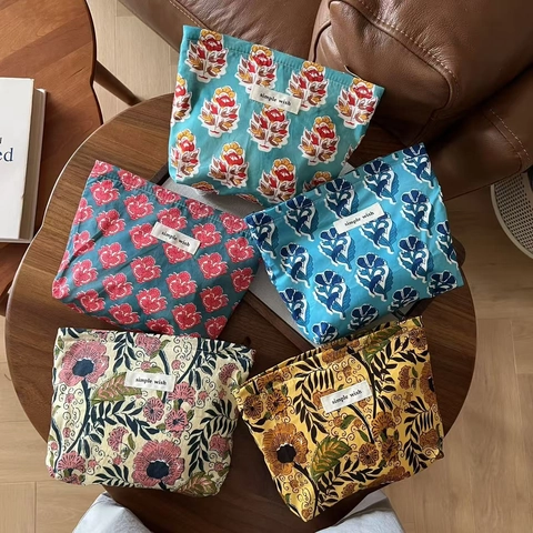 Neceser De Lona De Algodón Con Estampado Floral Indio Vintage Bolsa De Almacenamiento Con Cremallera Para Maquillaje Boho