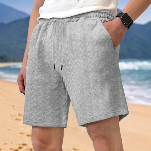 Pantalones Cortos Casuales Para Hombre Textura Jacquard Espiga Cordón Cintura Elástica Pantalones De Playa Con Bolsillos