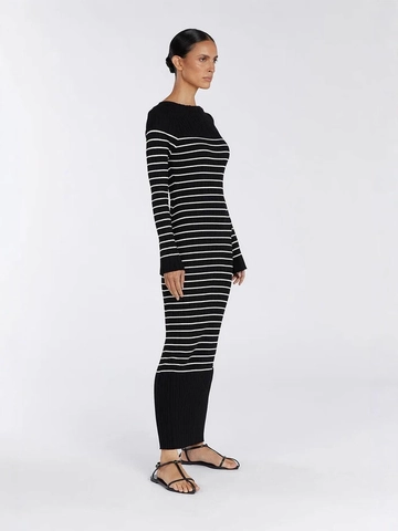 Gestreepte Gebreide Maxi Jurk Lange Mouwen Ronde Hals Bodycon Geribbeld Split Achterkant Elegant Herfst Winter Dames