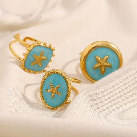Vintage Seestern Verstellbarer Ring 18K Vergoldet Edelstahl Blau Emaille Geometrischer Meeresstil Schmuck Für Damen