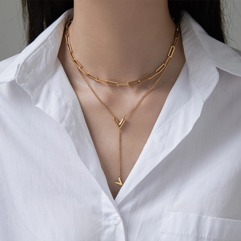 Doppelschichtige Halskette Edelstahl V-Anhänger Büroklammerkette Y-Lariat Minimalistischer Modeschmuck Damen