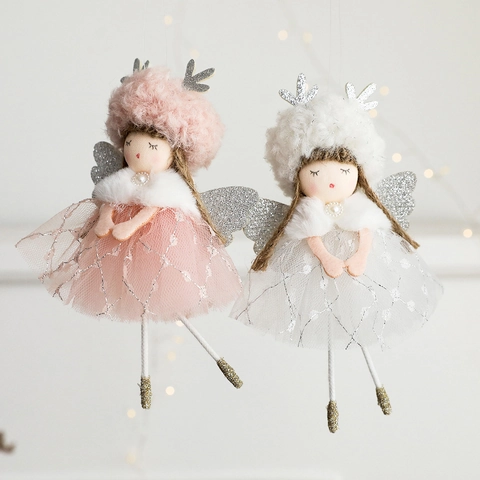 Christmas Angel Plush Pendant Mesh Sequin Fairy Doll Hanging Decor With Antler Wings For Holiday Tree Home Party Gift
