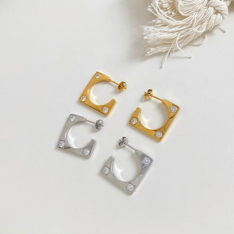 Square C-Shape Hoop Earrings Stainless Steel With Cubic Zirconia Geometric Simple Modern Daily Fashion Jewelry For Women