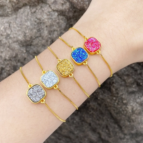Adjustable Slider Bracelet For Women Copper 18K Gold Plated Square Druzy Stone Box Chain Fashion Jewelry Minimalist