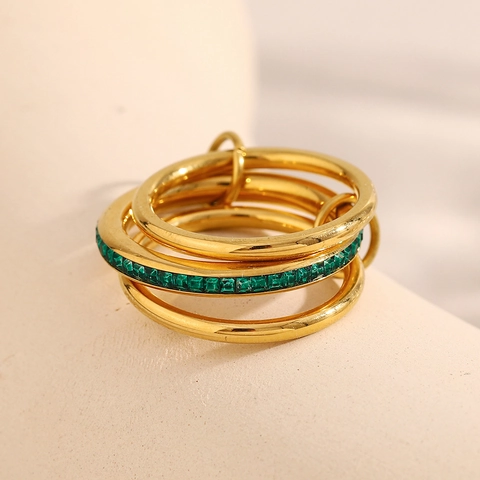 Stackable Interlocking Rings 18K Gold Plated Stainless Steel Square Green Zircon Retro Elegant Jewelry For Women
