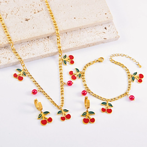 Ciliegia Frutta Ciondolo Collana Bracciale Orecchini Acciaio Inossidabile Placcato Oro Smalto Dolce Fresco Per Donne Ragazze