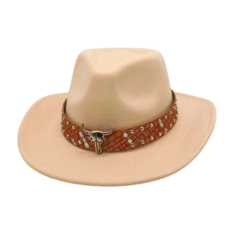 Western Cowboy Fedora Hat Wool Felt Wide Brim Metal Bull Head Rivet Band Retro Ethnic Style Unisex