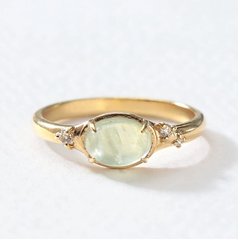 French Vintage S925 Sterling Silver 14K Gold Plated Prehnite Oval Gemstone Ring For Women Elegant Jewelry Accessory Gift