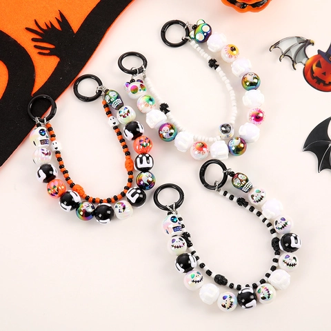 Halloween Beaded Keychain Skull Eyeball Ghost Acrylic Resin Bag Charm Phone Strap Festive Ornament