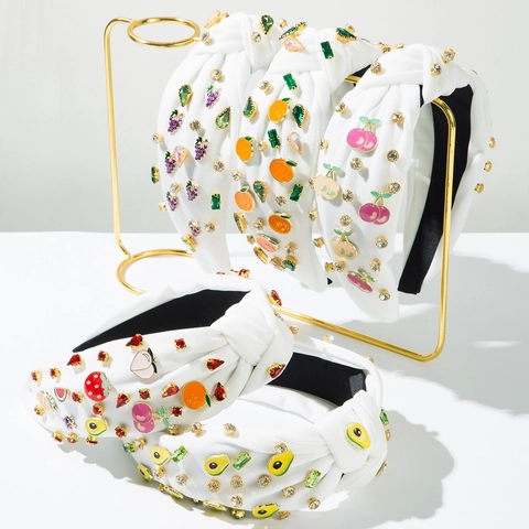 Damen Süßes Frucht Geknotetes Haarband Weißer Stoff Emaille Avocado Kirsche Orange Strass Sommer Reise Haarschmuck