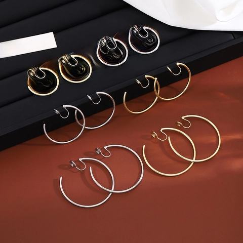 Large Hoop Clip On Earrings Metal No Piercing Vintage Geometric Style For Women Elegant Fashion