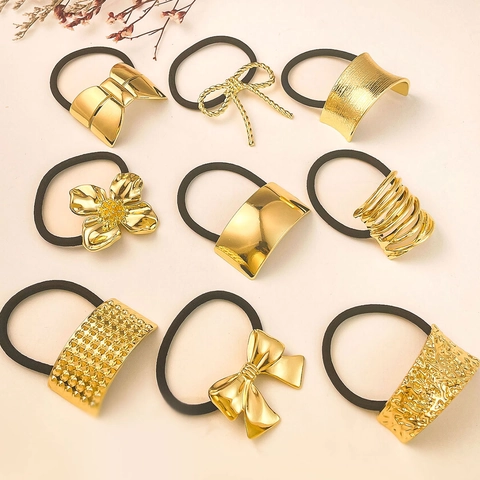 Alloy Metal Gold Flower Bow Hair Ties Elastic Ponytail Holders Fashion Accessories For Women Minimalist Style