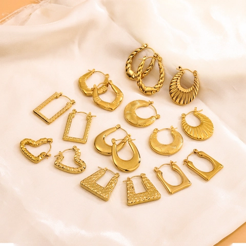 Geometric Hoop Earrings Stainless Steel 18K Gold Plated Textured Tarnish Free Waterproof Fashion Jewelry For Women