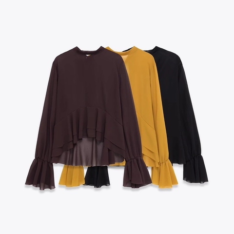 Damen Langarm Chiffon Bluse Rüschen Glockenärmel Lagenlook Saum Schleife Mode Lässig Einfarbig Oberteil