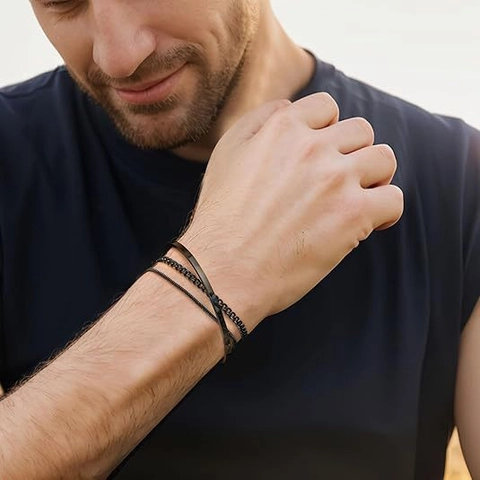 Pulsera Rígida Apilable De Acero Inoxidable Minimalista Con Cadenas De Serpiente Y Cubana Para Hombre Estilo Geométrico