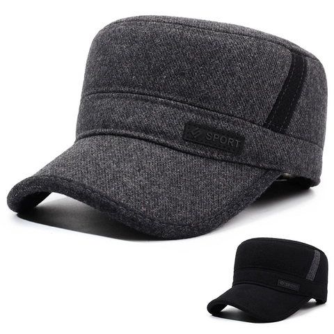 Casquette Cadet Hiver Homme Mélange Laine Chapeau Plat Avec Cache-oreilles Doublure Polaire Chaude Extérieur Réglable