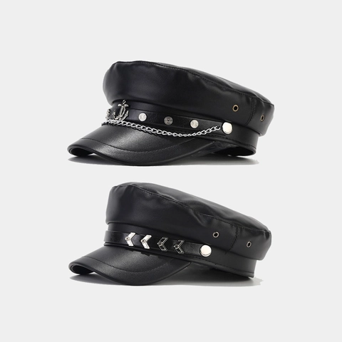 Cappello Marinaio Pelle PU Berretto Militare Retrò Con Catena Metallo Decorazione Ancora Punk Moda Per Uomini Donne