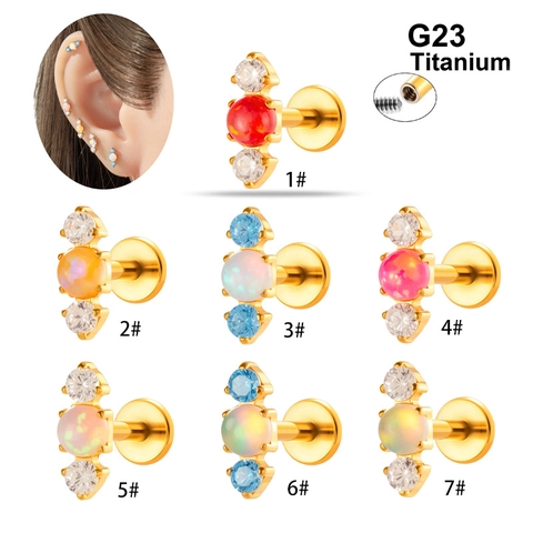 G23 Titanium Labret Lip Ring Stud Flat Bottom Internally Threaded With Synthetic Opal Cubic Zirconia Piercing Jewelry