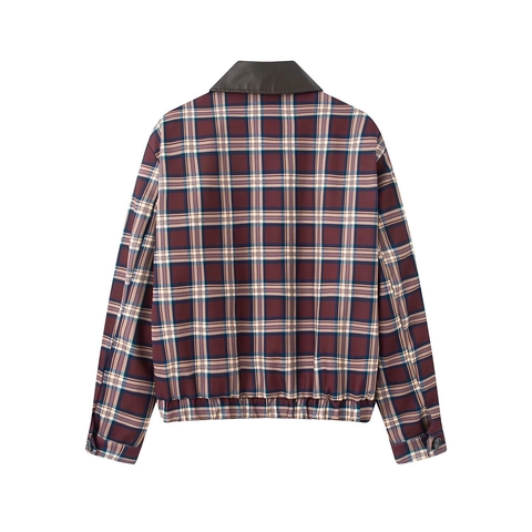 Dames Geruite Jas Met Kunstlederen Kraag Retro Streetwear Rits Lange Mouwen Casual Bovenkleding