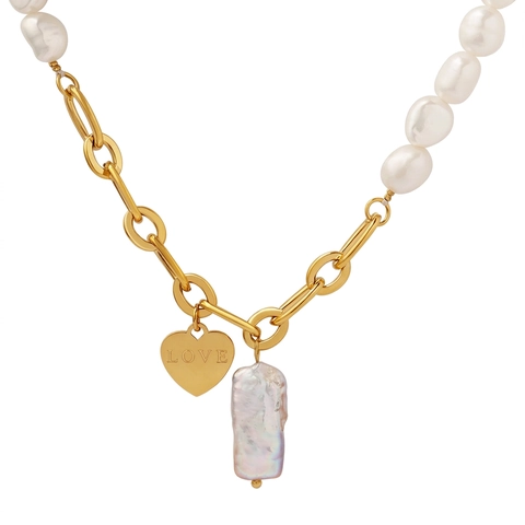 Collier Vintage Français Avec Süßwasserperles Deau Douce Et Pendentif Coeur En Acier Titane Plaqué Or Gravé LOVE Style Bijoux