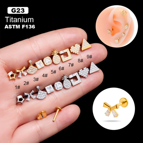 Piercing De Cartílago De Titanio G23 Con Circonita Rosca Interna Base Plana Joyas Para Labret