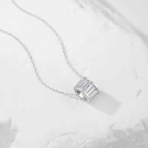 925 Sterling Silver Necklace With Baguette Cut Cubic Zirconia Cylinder Square Sugar Pendant For Women Minimalist Sweet