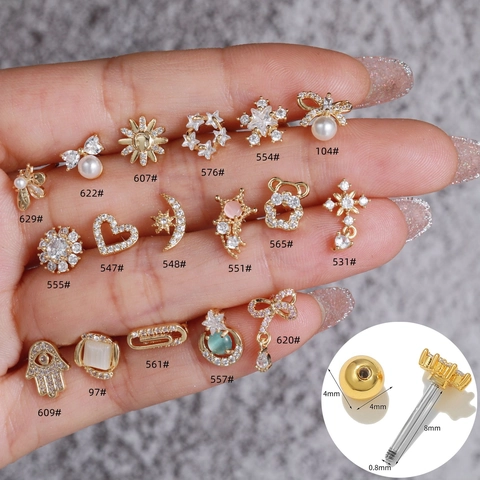 Zircon Cartilage Stud Earrings Copper With Stainless Steel Earring Post Screw Ball Back Animal Heart Star For Women