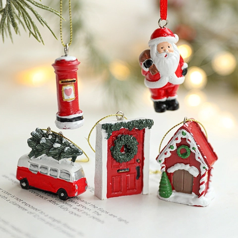 Ornamenti Appesi Albero Di Natale Resina Miniatura Babbo Natale Renna Casa Cassetta Postale Auto Decorazione Festiva Dipinto A Mano