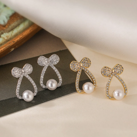 Pendientes De Botón Con Lazo Cobre Chapado En Oro Circonita Perla Artificial Geométrico Elegante Dulce Para Mujeres