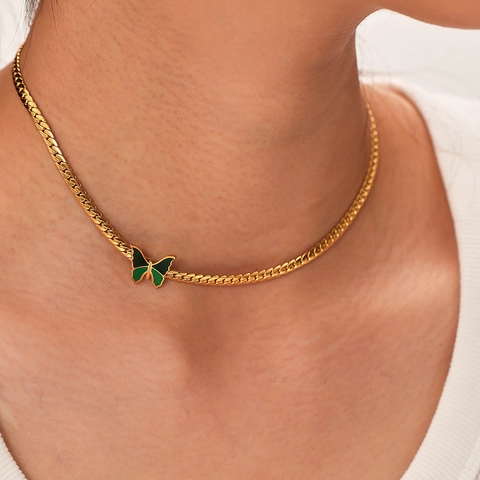 Collana Con Ciondolo A Farfalla Verde Vintage Francese In Acciaio Inossidabile Placcato Oro 18K Gioielli Per Donna