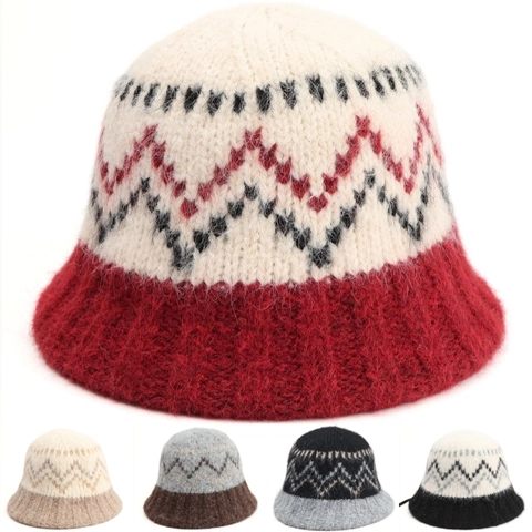 Cappello Alla Pescatora In Maglia Da Donna Invernale Caldo Peloso Poliestere Jacquard Motivo Zigzag Pieghevole Moda