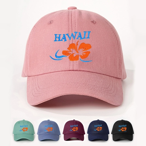 Hawaii Embroidery Baseball Cap Polyester Adjustable Sun Protection Hibiscus Flower Tropical Vacation Hat