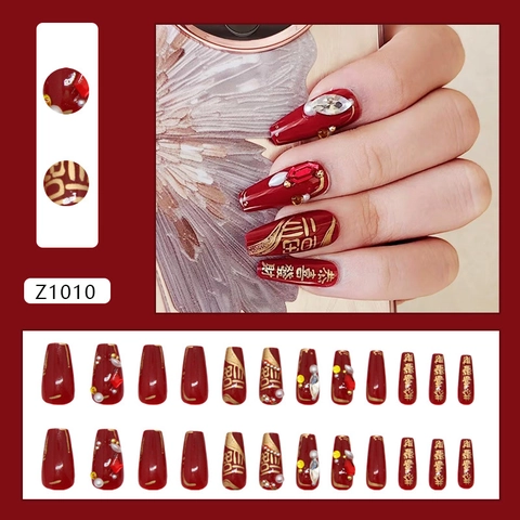 Press On Nails Burgundy Red Rhinestone Artificial Pearl Decor Chinese New Year Festive Long Coffin Shape ABS Plastic For Women